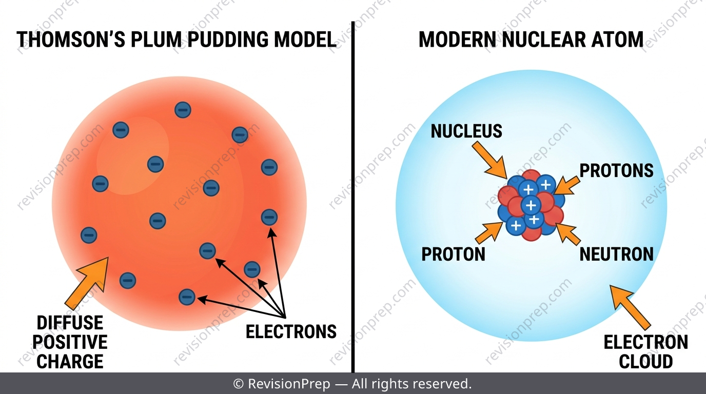 Diagram comparing the plum pudding model and the nuclear atom model with electrons, protons and neutrons labelled