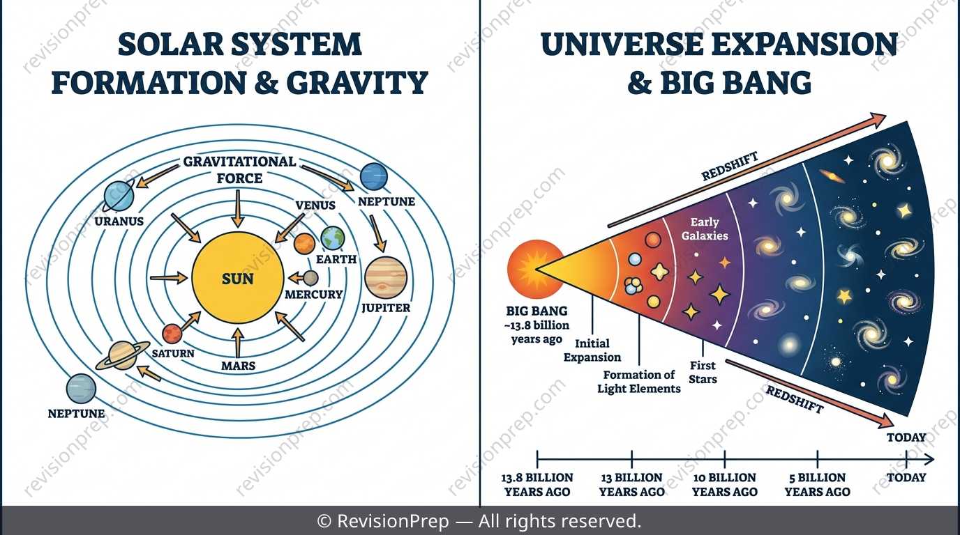 Solar system orbits and an expanding universe timeline side by side