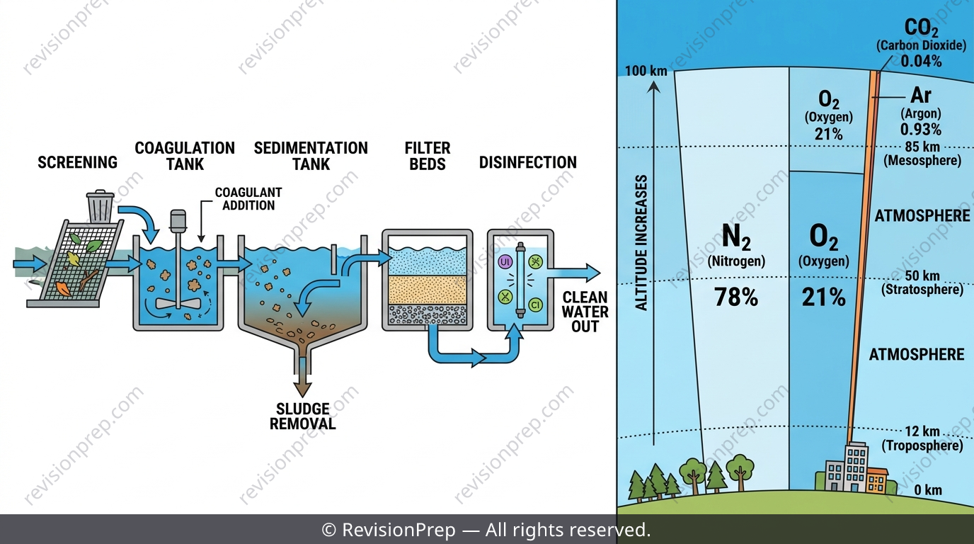 Diagram showing a water treatment plant on one side and layered gases of the atmosphere on the other