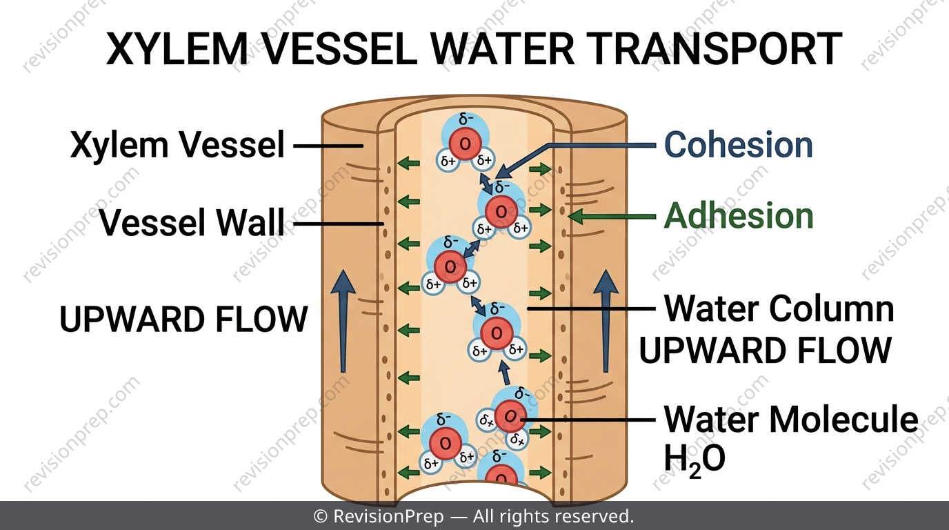 Water molecules hydrogen bonding to each other and to a xylem cell wall, showing cohesion and adhesion