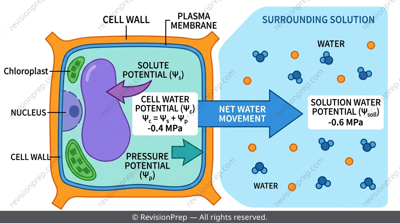 Plant cell in a solution showing solute potential, pressure potential and water potential arrows