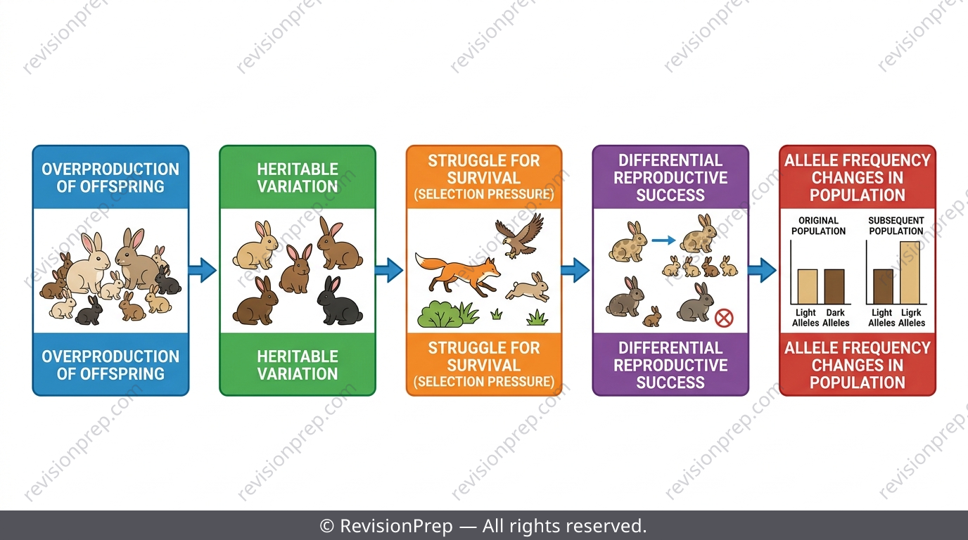 Flowchart of the five steps of natural selection from overproduction to changed allele frequency