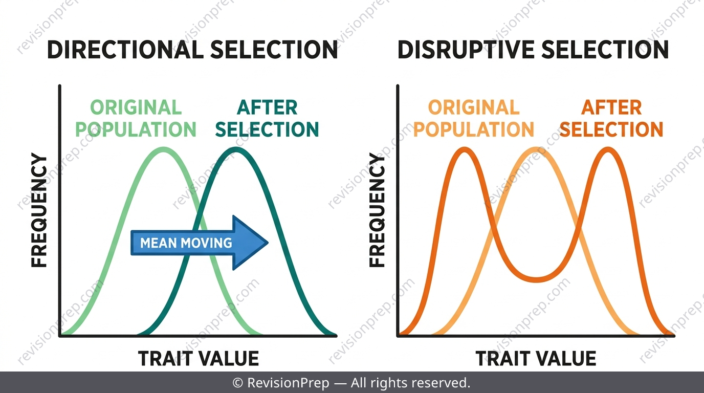 Two population distribution graphs showing directional and disruptive selection patterns