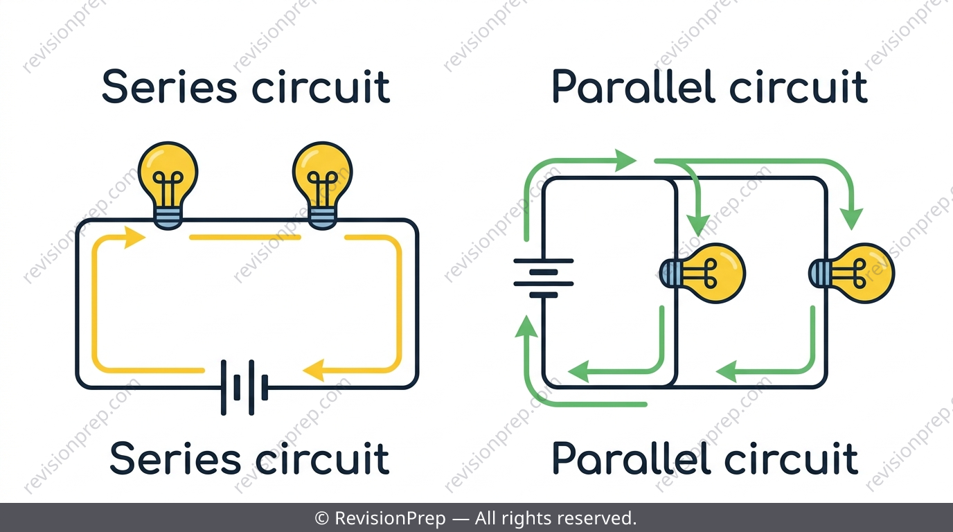 Side-by-side series and parallel circuit diagrams showing current paths and ammeter readings