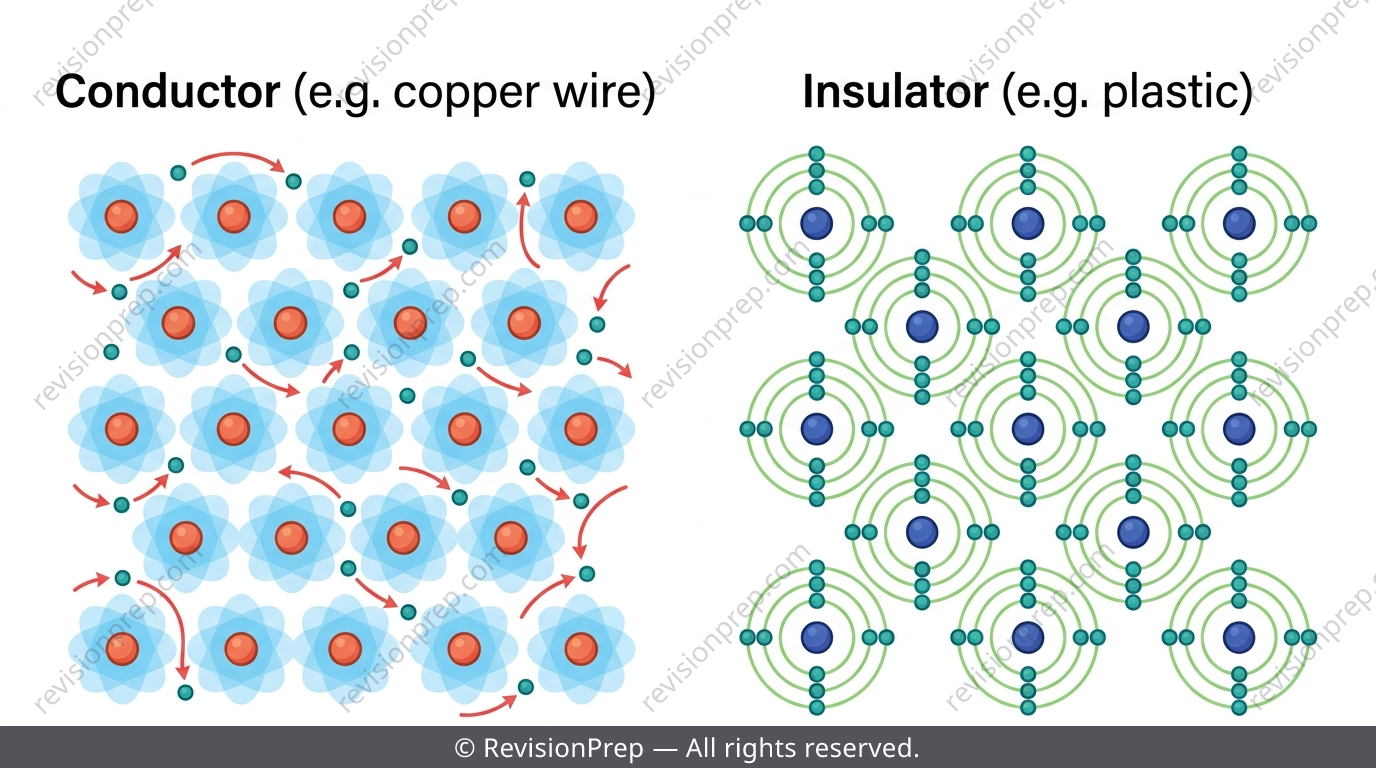 Comparison diagram of a conductor with free electrons moving and an insulator with electrons bound to atoms