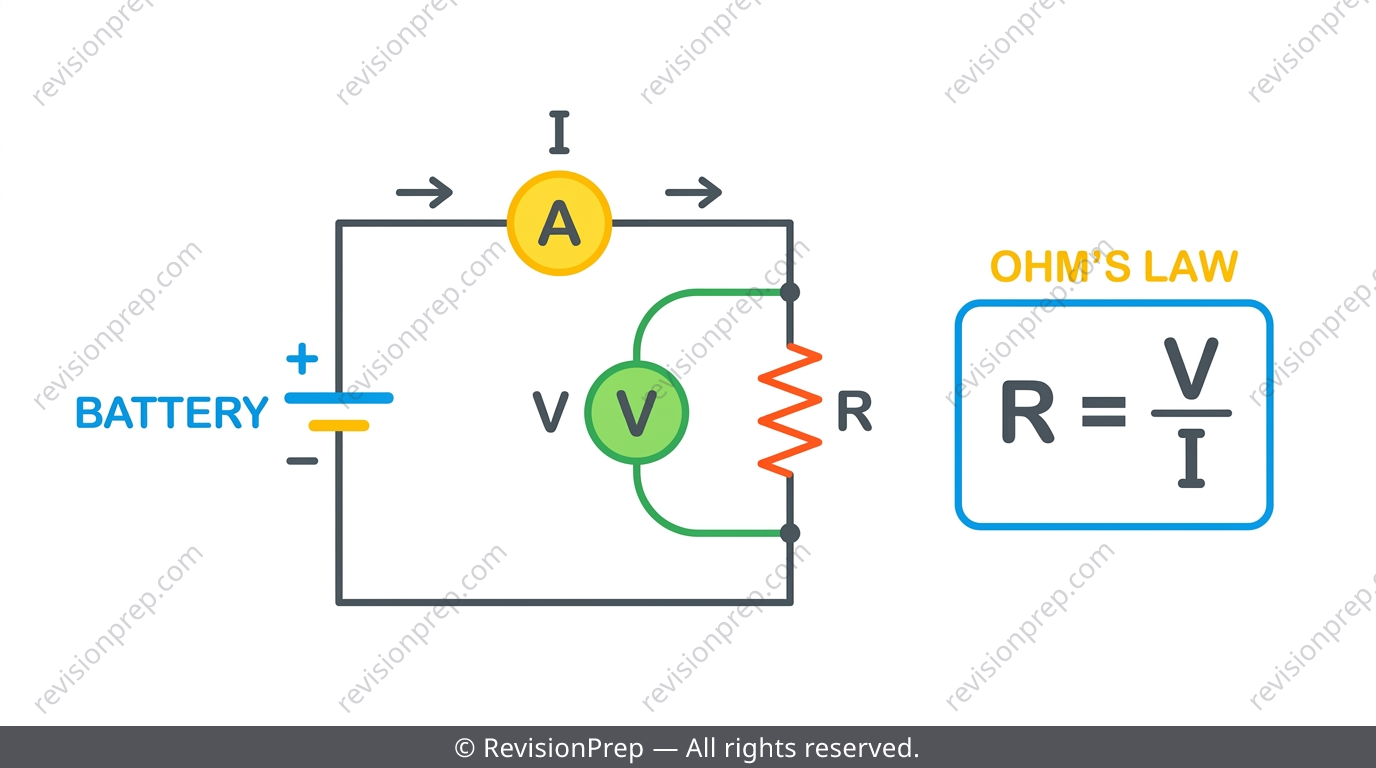 Diagram of a battery, ammeter and voltmeter connected in a circuit with a resistor labelled R, V and I