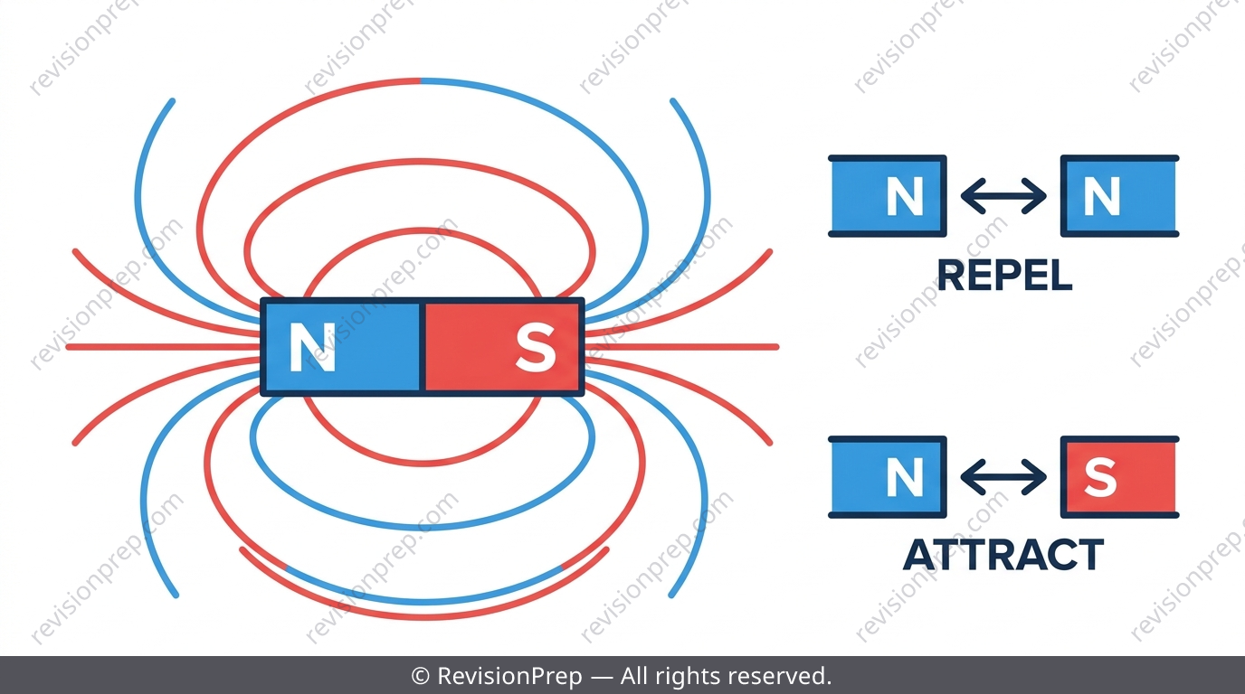 Bar magnet with field lines from N to S, and two magnets shown repelling and attracting