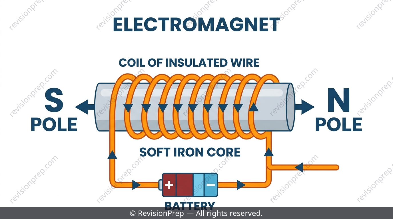 Electromagnet diagram showing a battery, coiled wire, iron core, and magnetic poles at each end of the coil