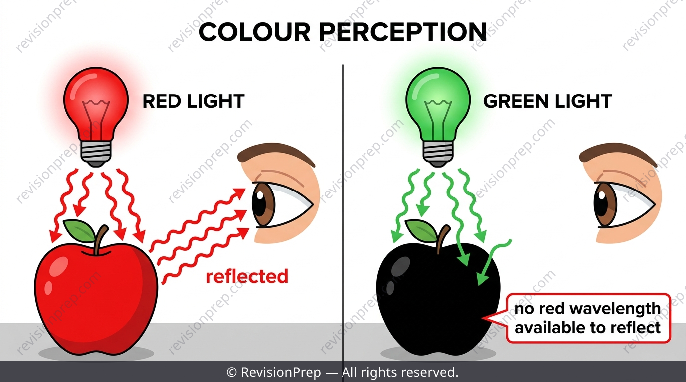 A red apple lit by red light appearing red, and the same apple lit by green light appearing black