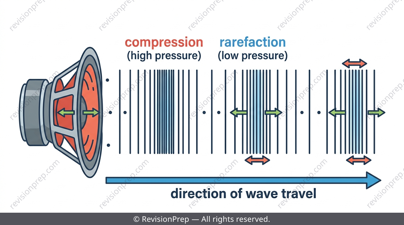 Diagram of a speaker producing a longitudinal sound wave with compressions and rarefactions labelled