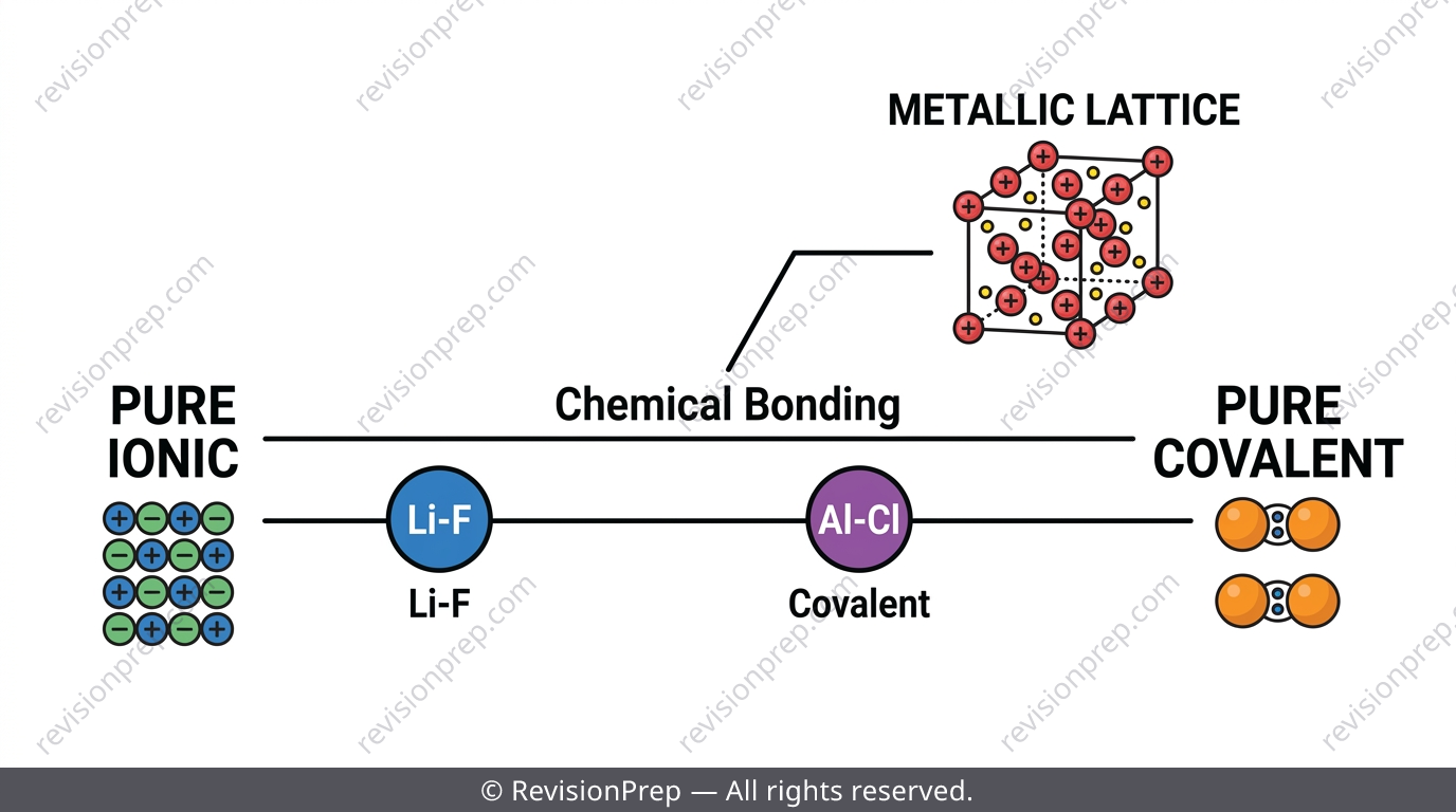 Spectrum diagram from pure ionic to pure covalent bonding with metallic branching off