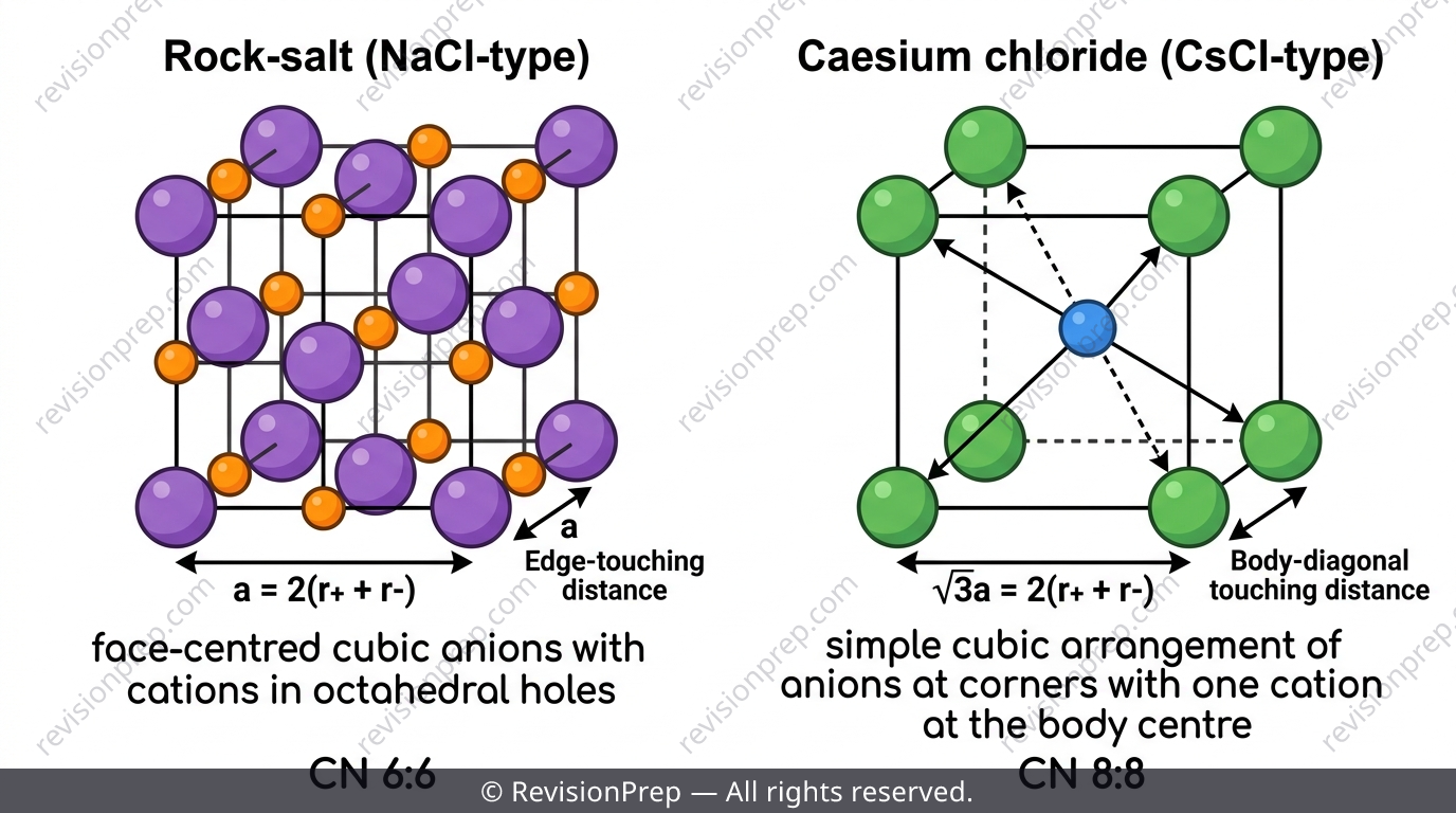 Comparison of rock-salt and caesium chloride unit cells with coordination numbers labelled