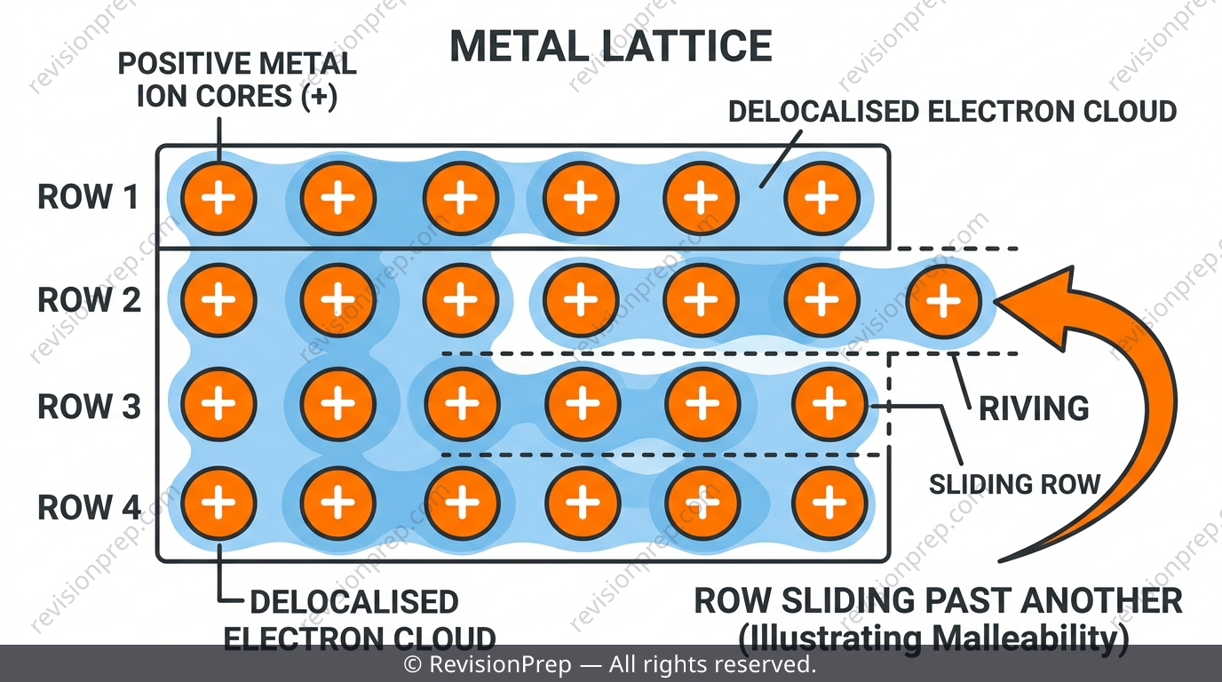 Metallic lattice diagram showing positive ion cores in a sea of delocalised electrons