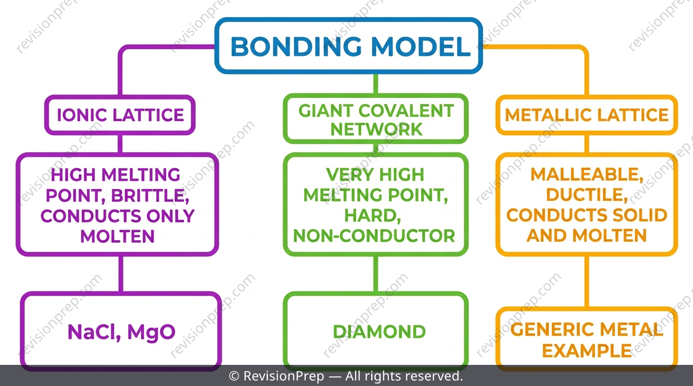 Flowchart linking bonding model to macroscopic property with example compounds