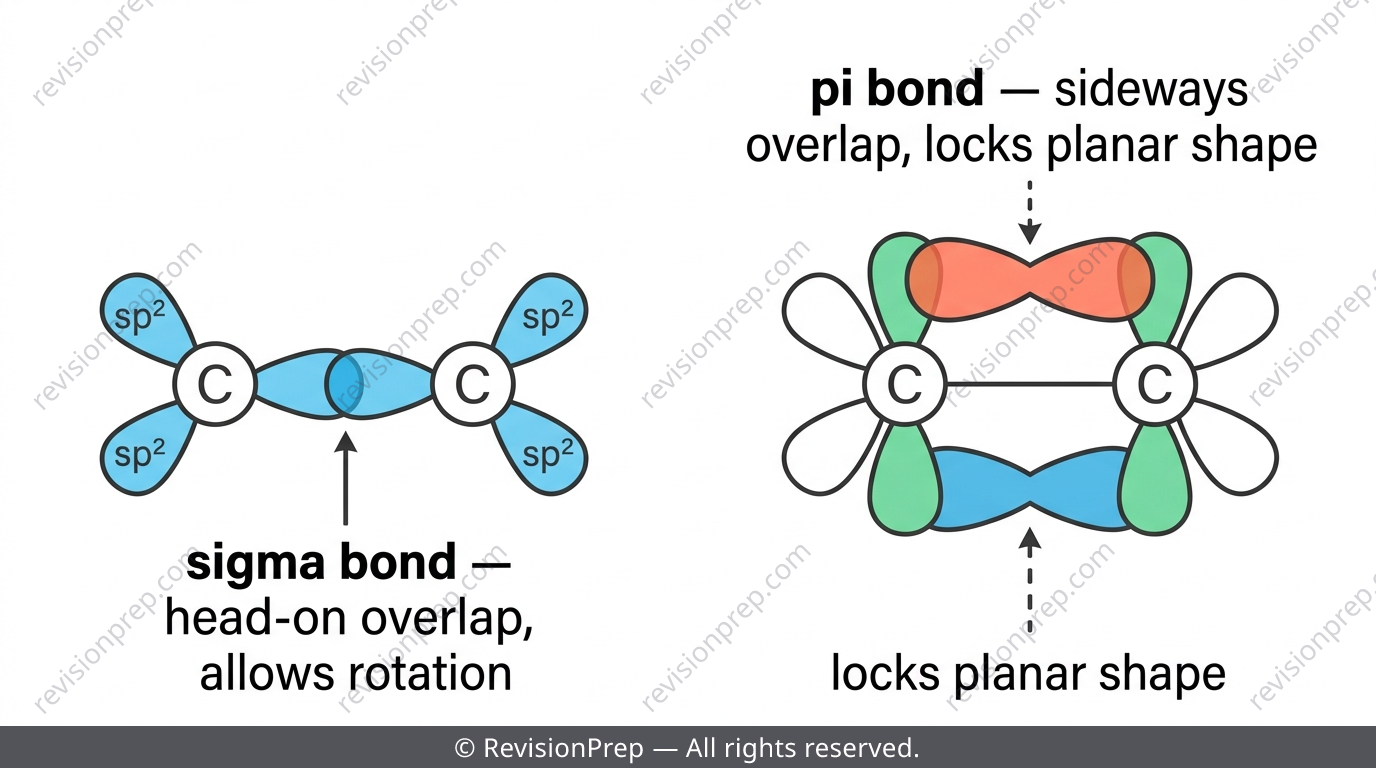 Sigma bond formed by head-on orbital overlap versus pi bond formed by sideways p-orbital overlap in a double bond