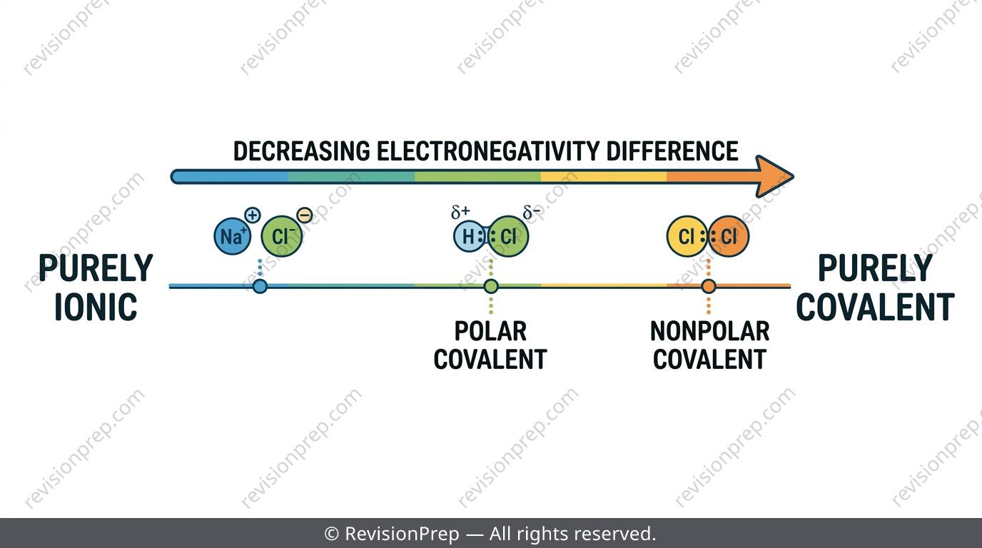 Continuum arrow showing bonding sliding from purely ionic to purely covalent based on electronegativity difference