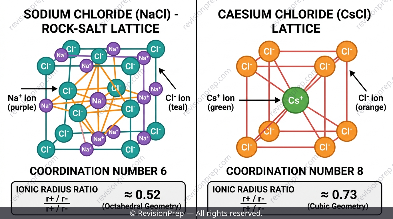 NaCl 6:6 coordination lattice compared with CsCl 8:8 coordination lattice, radius ratio labelled