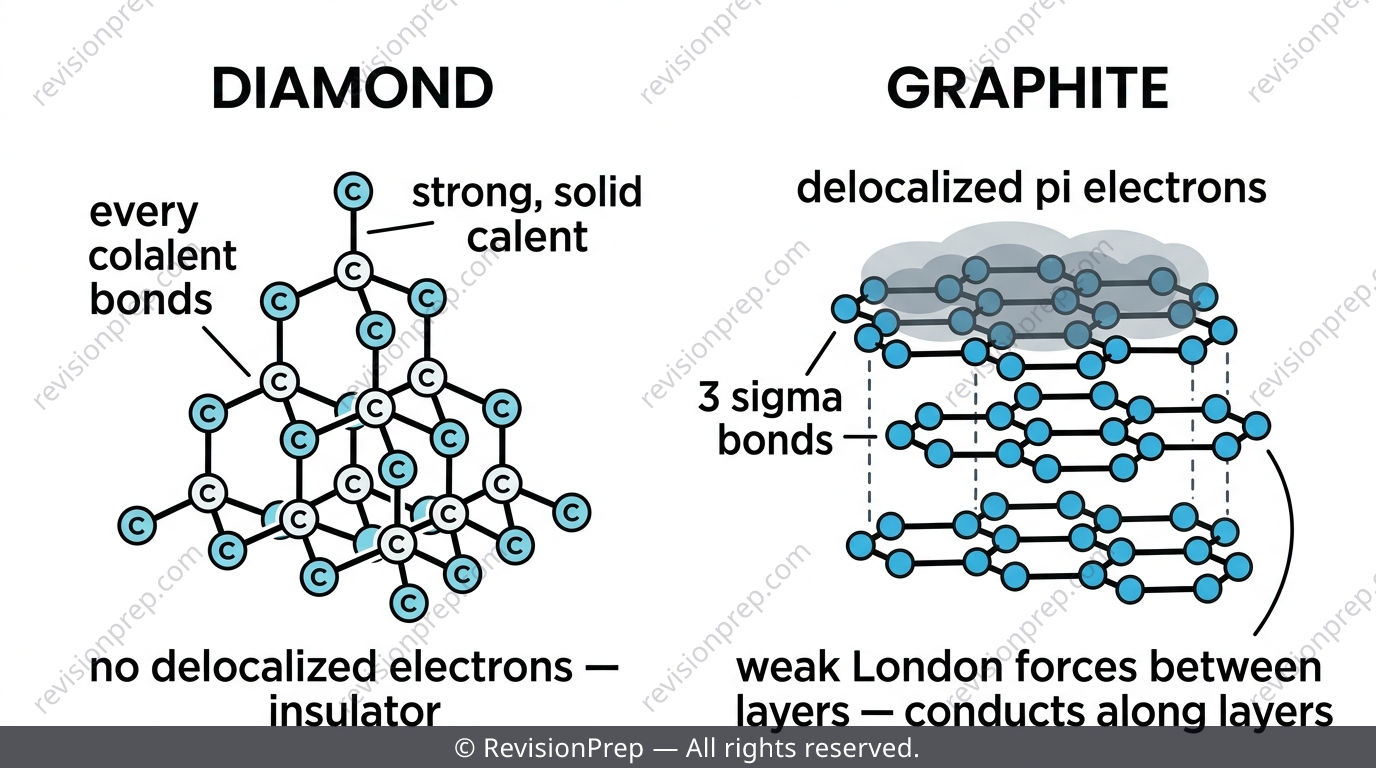 Diamond tetrahedral covalent network compared with graphite layered structure with delocalized electrons