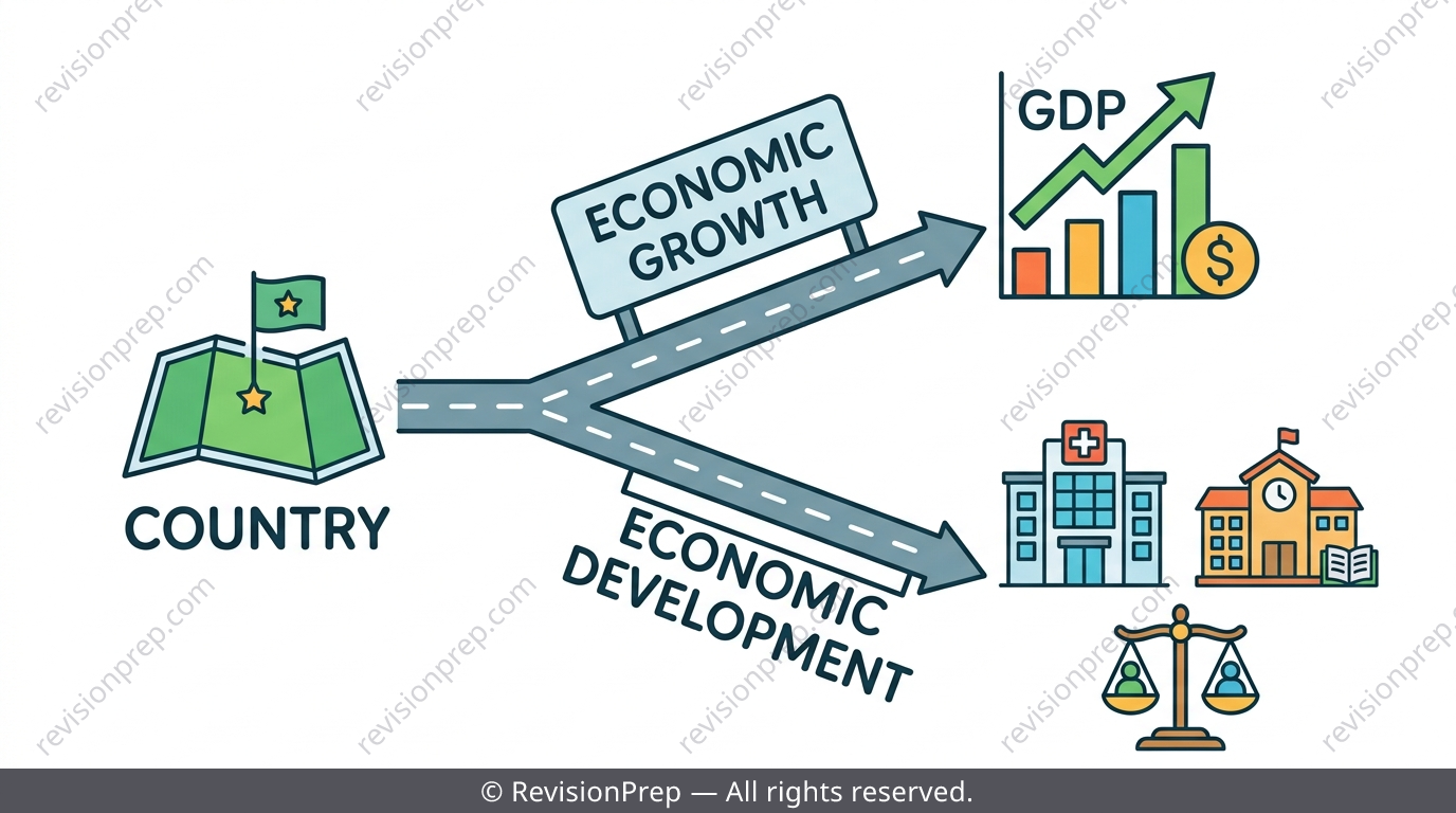 Two paths diagram: growth path showing a rising GDP arrow, development path showing rising health, education and equality icons