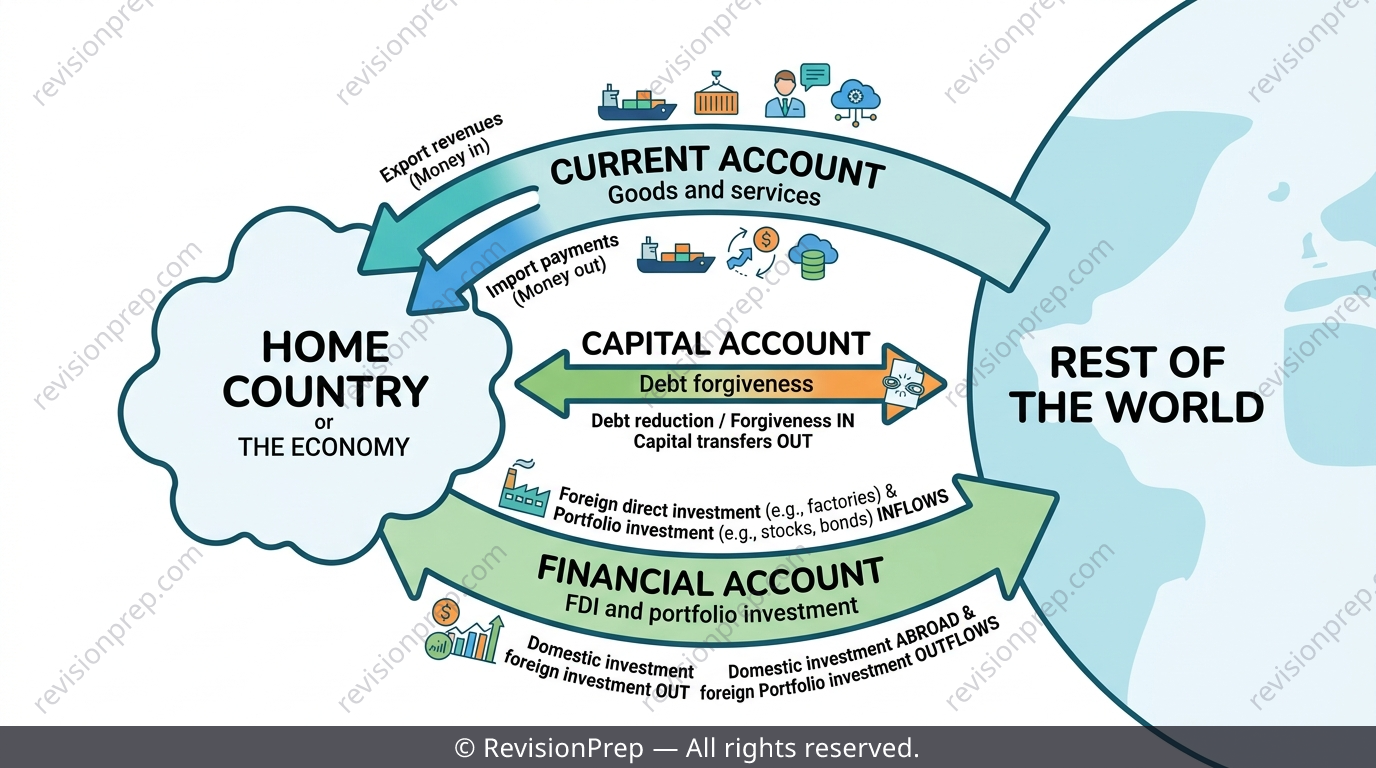 Diagram of the three balance of payments accounts with arrows into and out of a country
