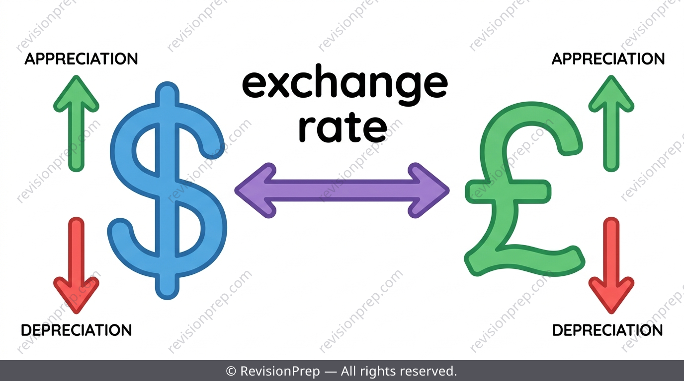 Two currency symbols connected by a converging exchange rate arrow