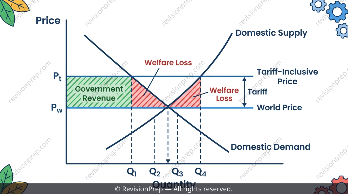 Tariff diagram with shaded welfare loss triangles labelled for calculation
