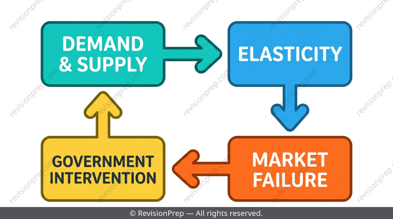 Diagram illustrating the microeconomics unit skeleton: demand, supply, elasticity, market failure, government intervention