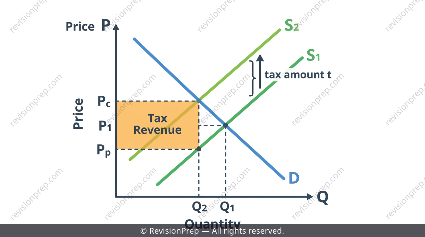 Supply and demand diagram showing supply shift left after a specific tax with tax revenue rectangle