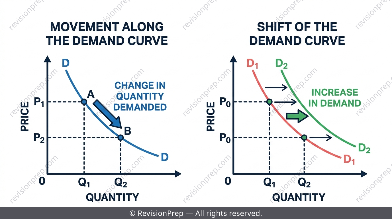 Demand diagram showing movement along the curve versus a shift of the demand curve
