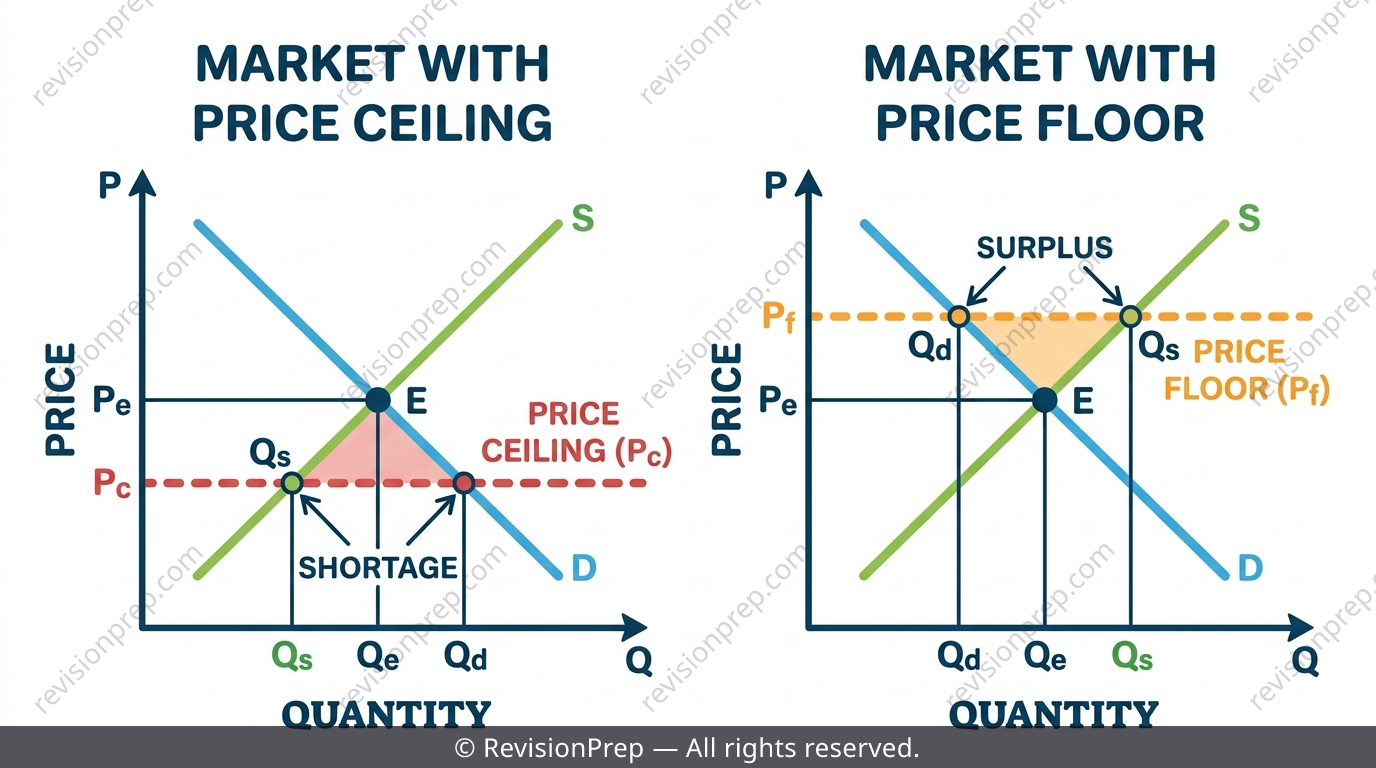 Diagram showing a price ceiling causing a shortage and a price floor causing a surplus