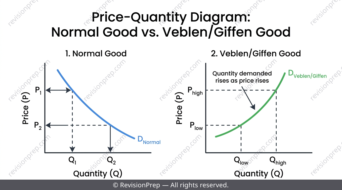 Demand curve diagram with an unusual upward-sloping segment illustrating Veblen and Giffen goods