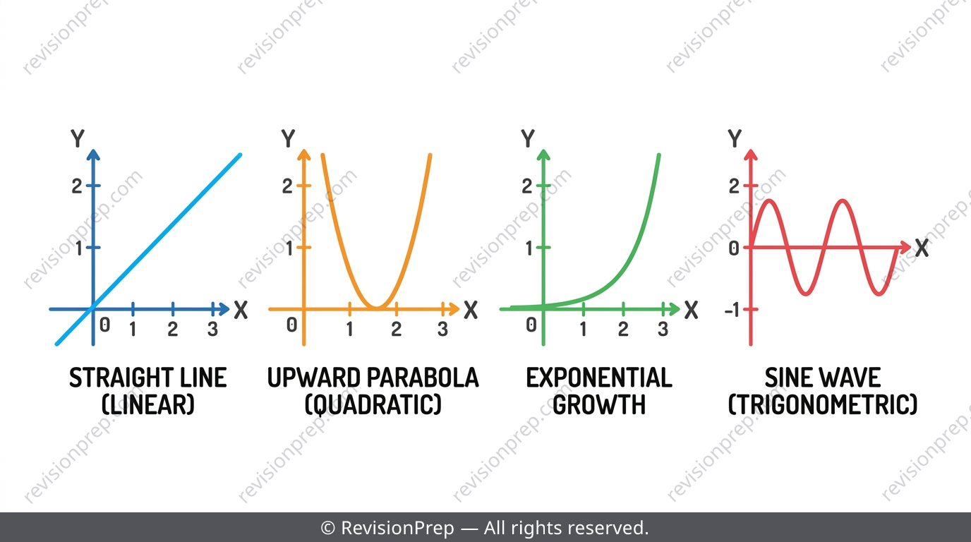 Diagram of four function family shapes: linear, quadratic, exponential, trigonometric
