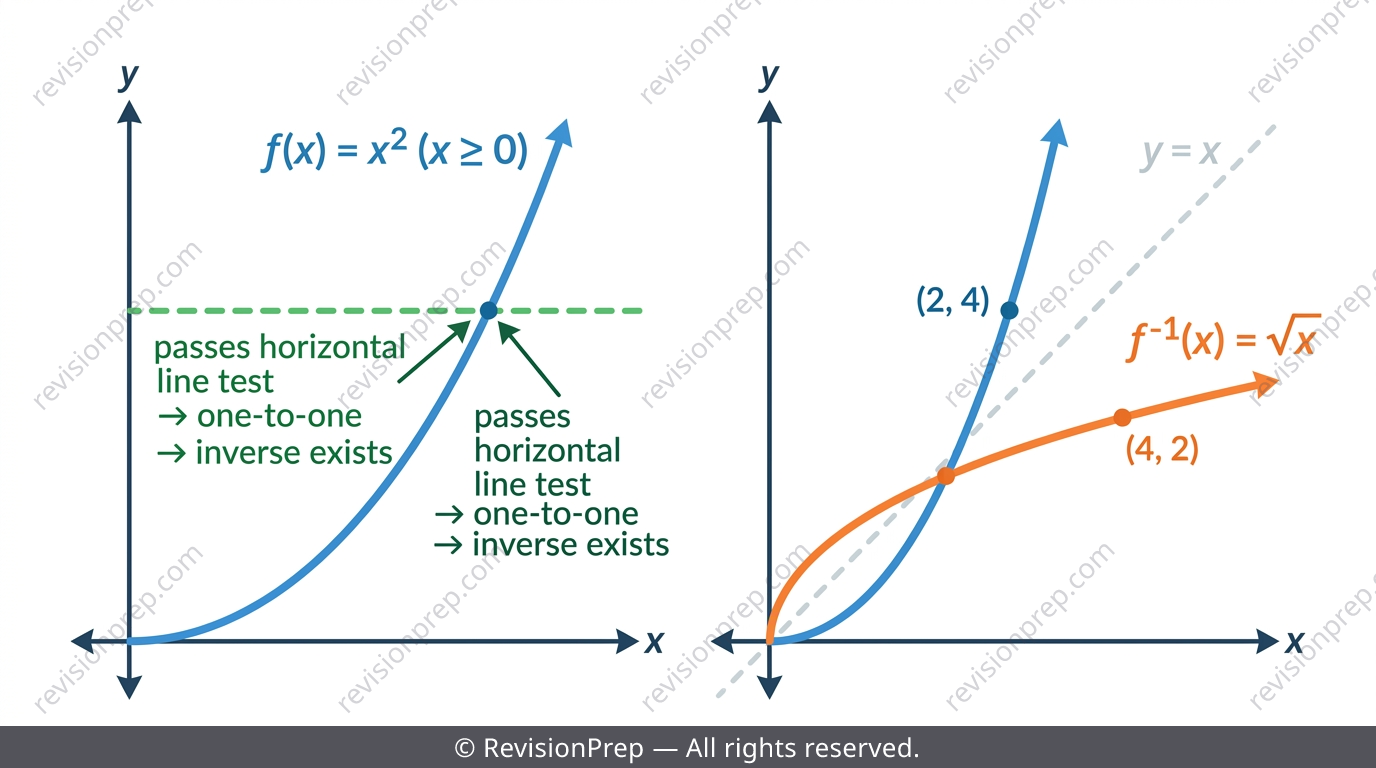 Graph showing a horizontal line test on a restricted parabola to justify an inverse function