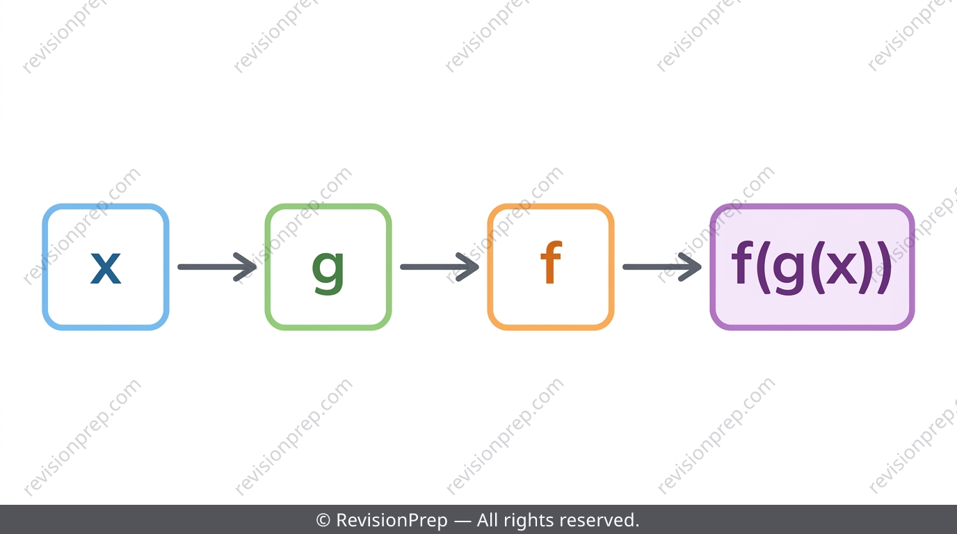 Flow diagram showing input x passing through g then f to illustrate composite functions