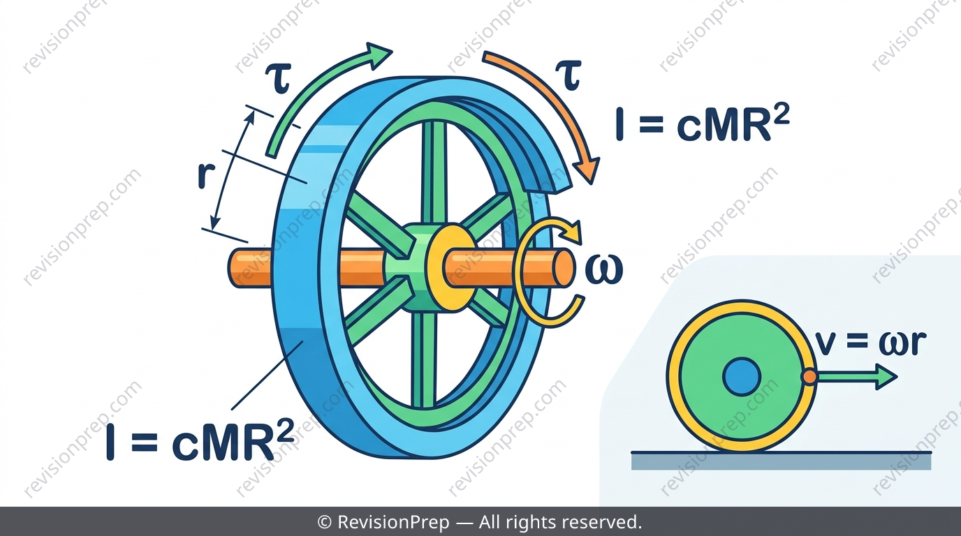 Spinning flywheel with torque, radius and moment of inertia labelled