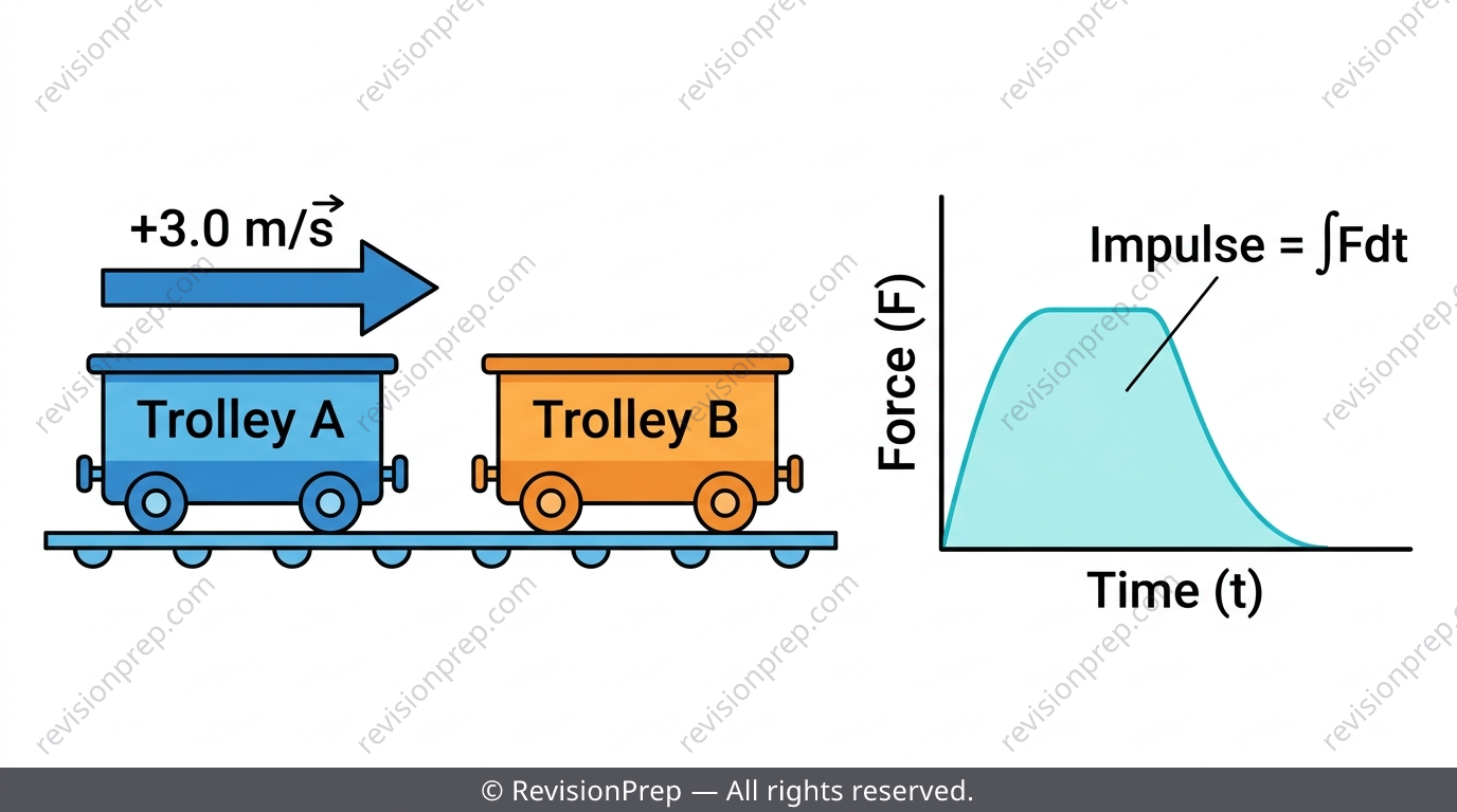 Two trolleys colliding with signed velocity vectors and a force-time graph