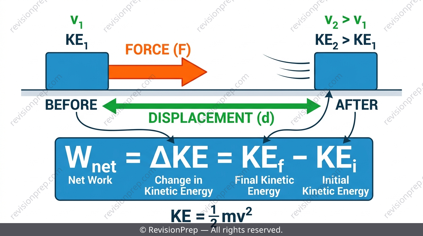 Force applied through a displacement showing work done and resulting change in kinetic energy