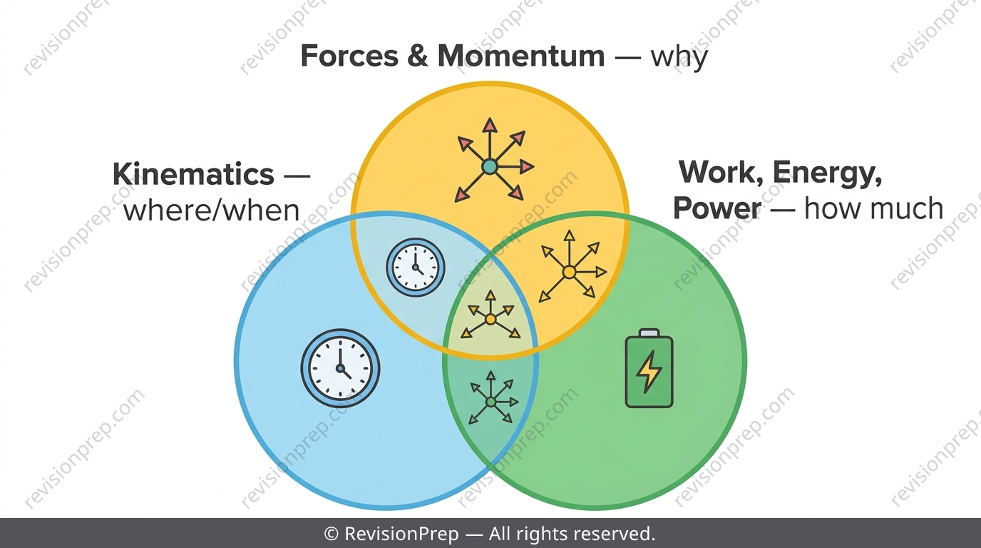 Three overlapping labelled circles representing kinematics, forces and momentum, and work energy power