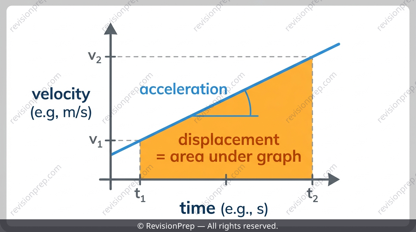 Velocity-time graph showing gradient equals acceleration and area under curve equals displacement