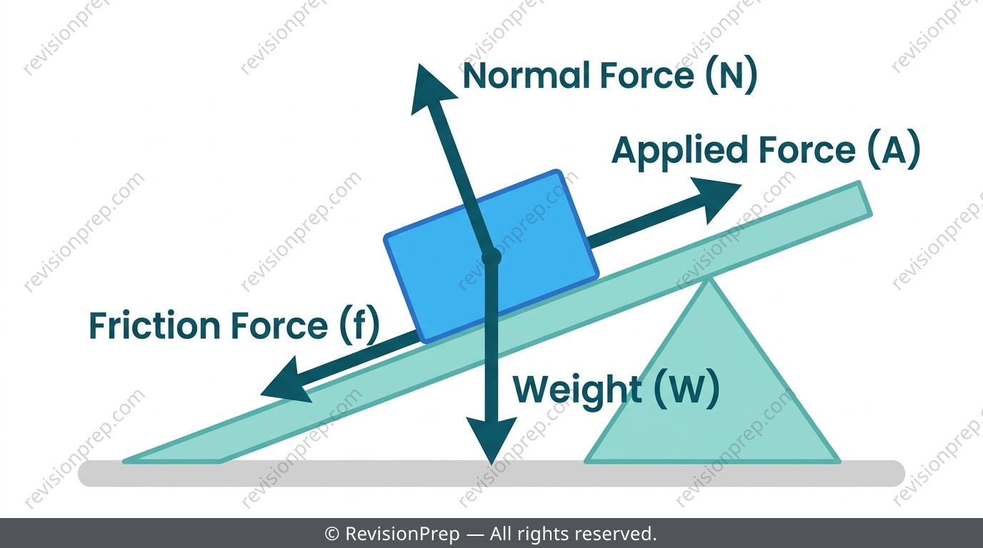 Free-body diagram of a block on an incline showing weight, normal force, friction and applied force arrows
