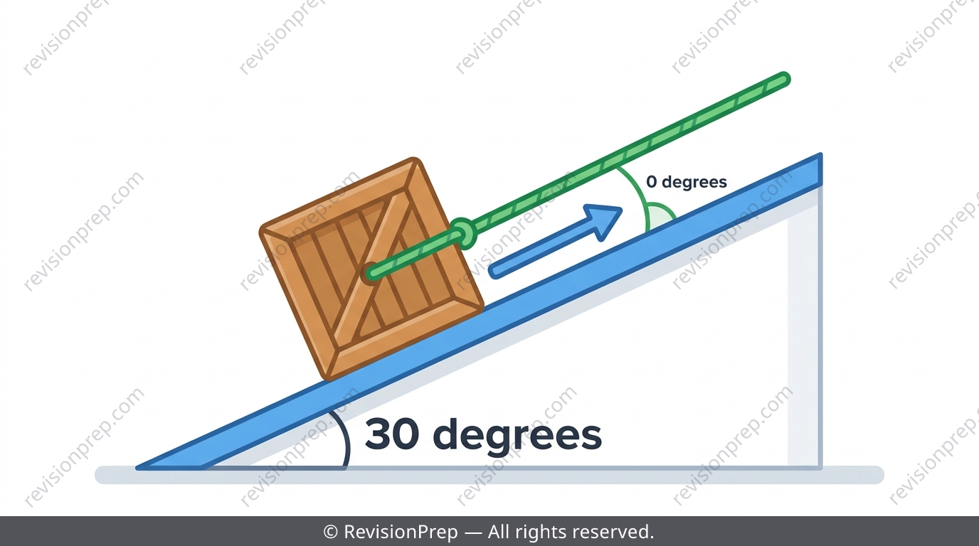 Crate being pulled up a ramp by a rope parallel to the ramp surface with the angle between rope and displacement marked as zero degrees