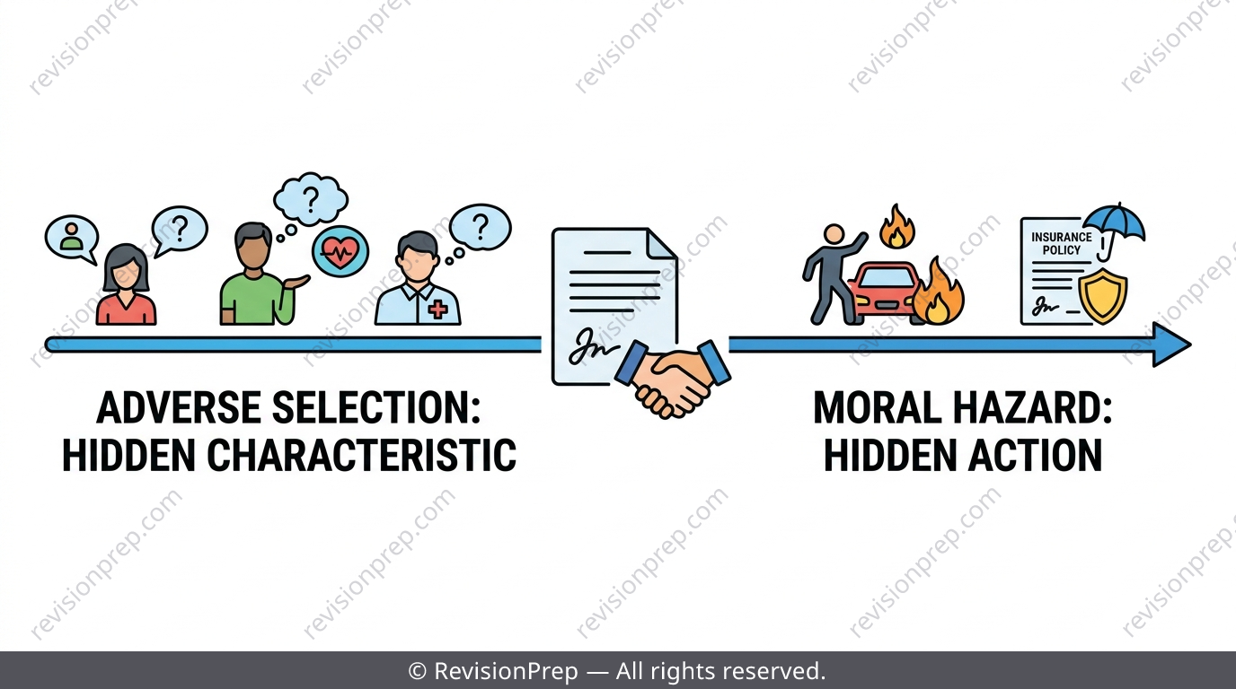 Timeline showing adverse selection before a contract and moral hazard after a contract in an insurance market