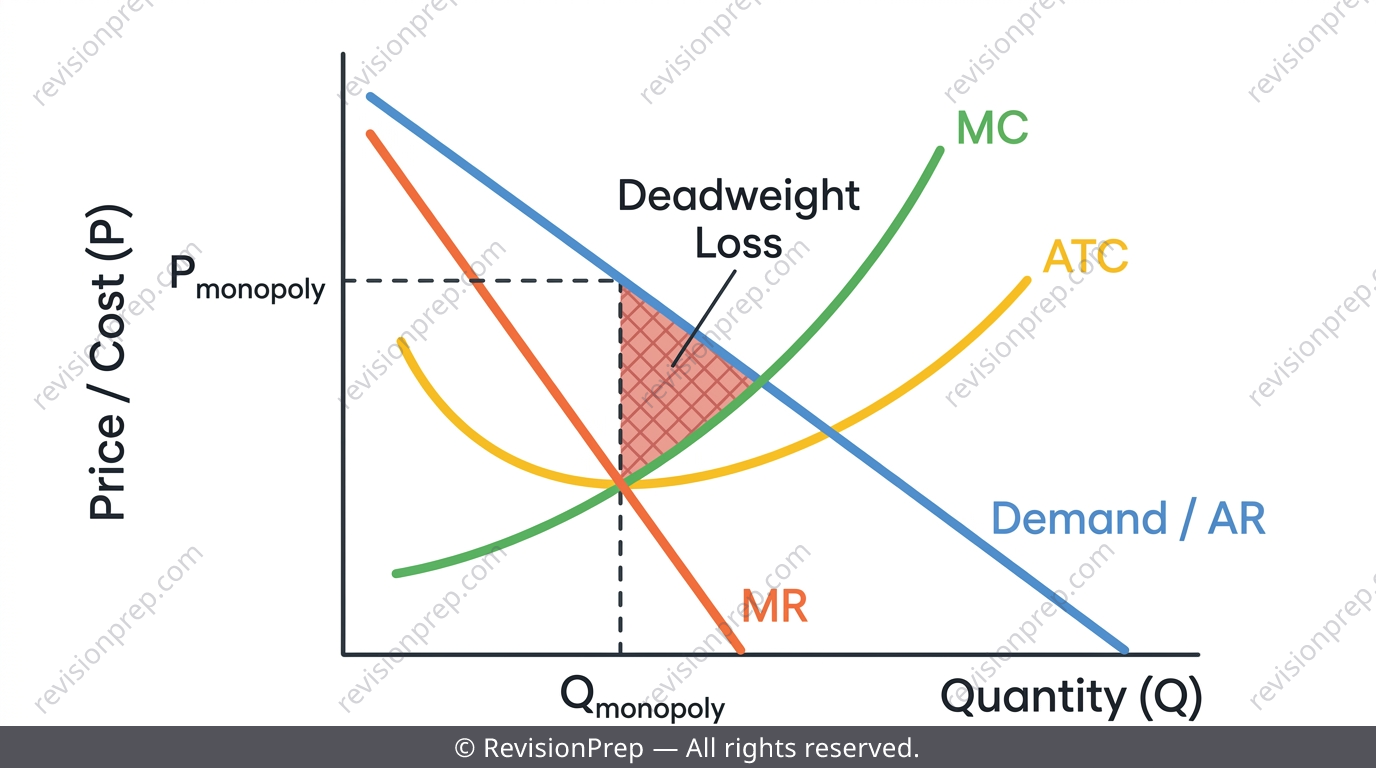 Monopoly diagram with MR, MC, AR curves showing profit-maximising output and P greater than MC