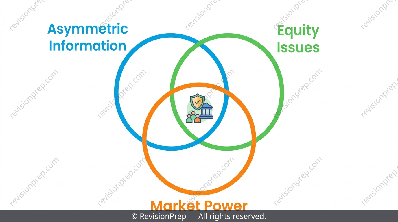 Venn diagram showing overlapping market failures such as asymmetric information, equity and market power