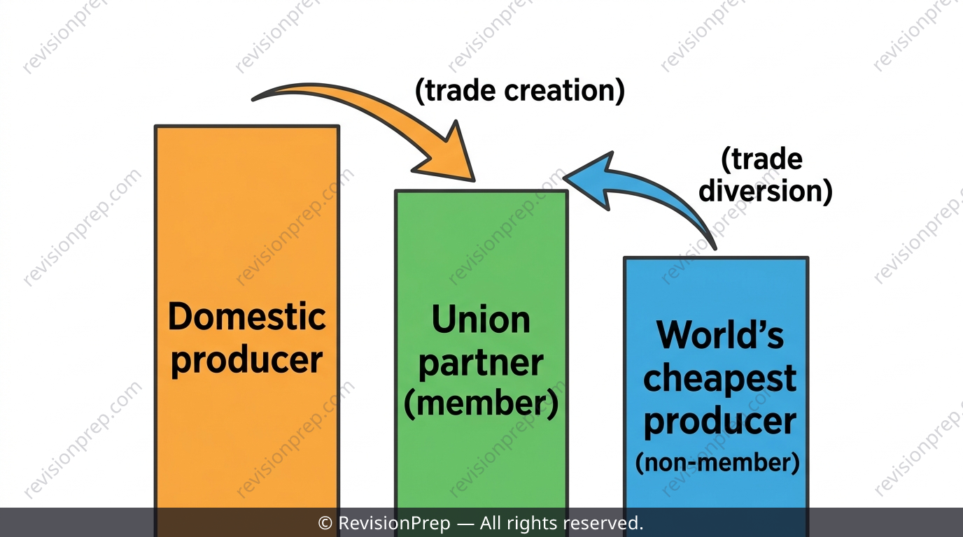 Diagram comparing trade creation and trade diversion with domestic, member and non-member supply prices