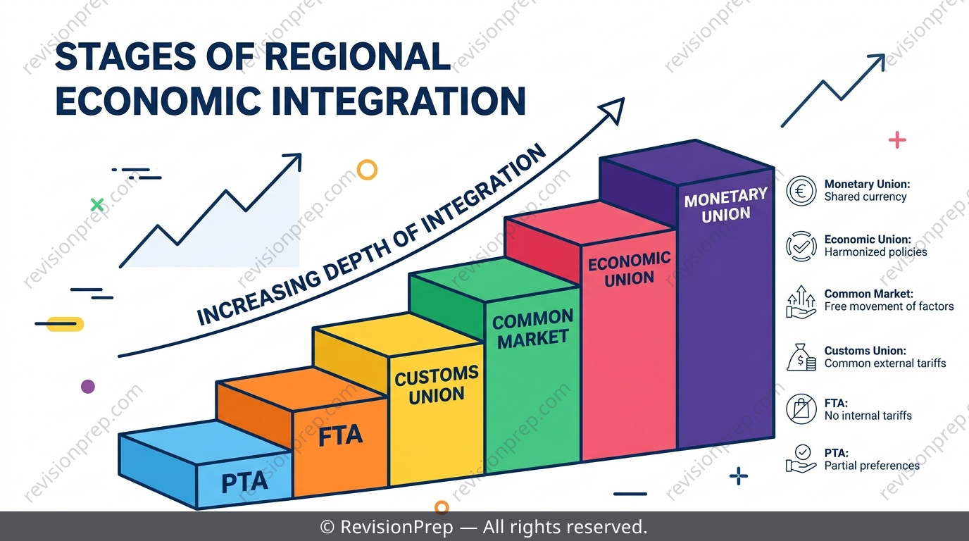 Staircase diagram showing the six stages of economic integration from PTA to monetary union