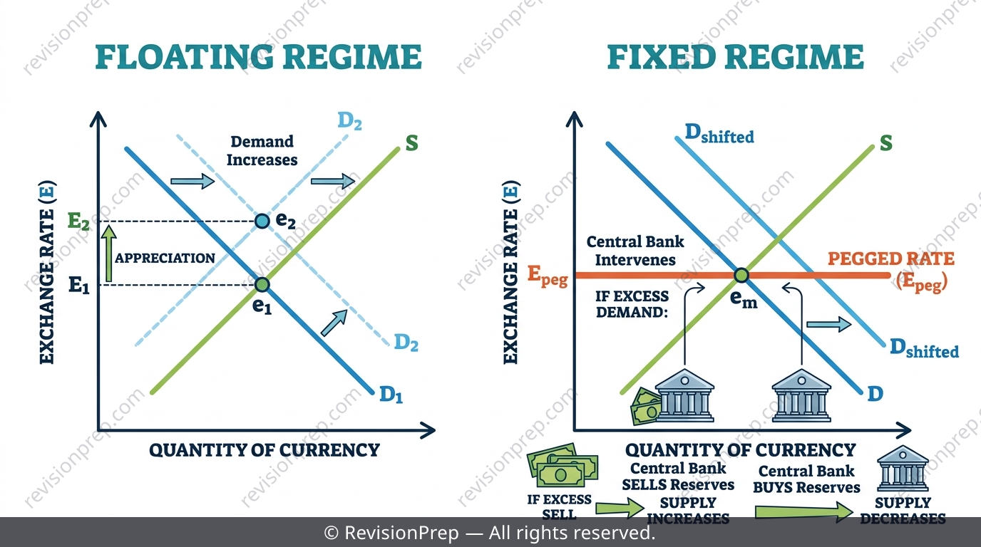 Two forex market diagrams side by side, one showing a floating exchange rate shift and one showing a fixed exchange rate defended by central bank reserves