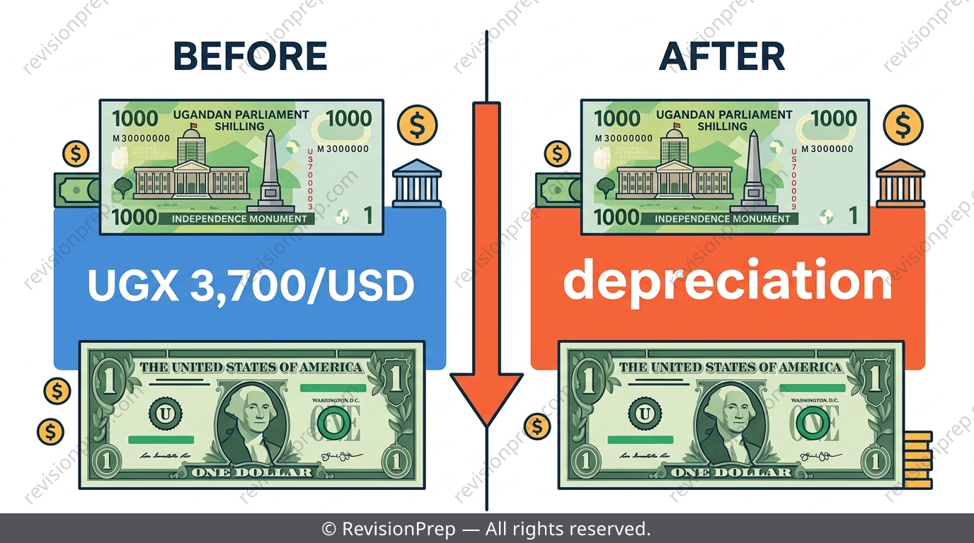 Illustration of a currency depreciation example converting a Uganda shilling exchange rate before and after a shift against the US dollar