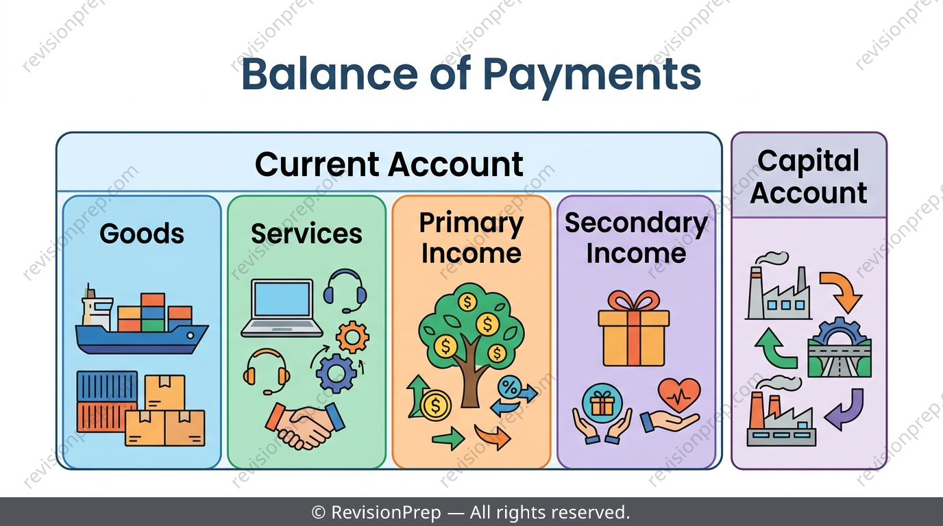 Ledger diagram of the balance of payments showing current account subcategories and the capital account