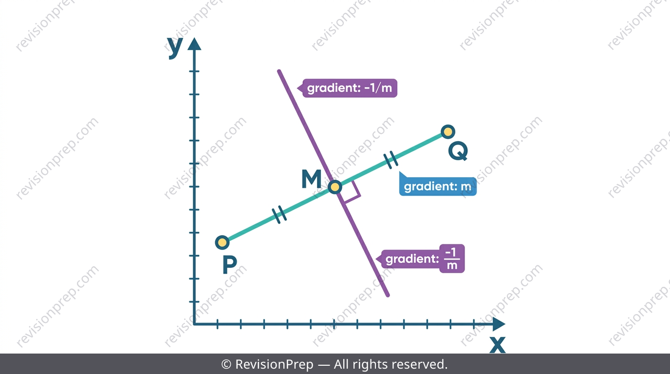 A line segment with its midpoint and perpendicular bisector drawn at a right angle